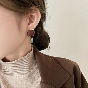 JustMoMoMin Vintage Brown Enamel Gold Trim Irregular Square Ear Studs for Women Earrings