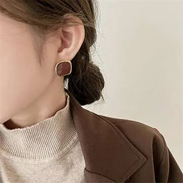 JustMoMoMin Vintage Brown Enamel Gold Trim Irregular Square Ear Studs for Women Earrings
