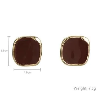 JustMoMoMin Vintage Brown Enamel Gold Trim Irregular Square Ear Studs for Women Earrings