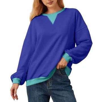 TERIVEEK Women Oversized Color Block Long Sleeve Sweatshirt Casual Crew Neck Shirt Loose Fit Pullover Top Y2K Clothes Blue