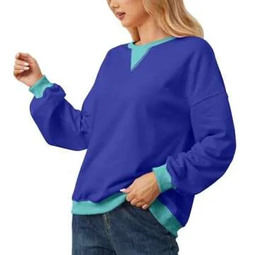 TERIVEEK Women Oversized Color Block Long Sleeve Sweatshirt Casual Crew Neck Shirt Loose Fit Pullover Top Y2K Clothes Blue