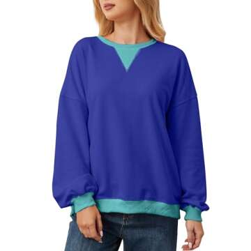 TERIVEEK Women Oversized Color Block Long Sleeve Sweatshirt Casual Crew Neck Shirt Loose Fit Pullover Top Y2K Clothes Blue