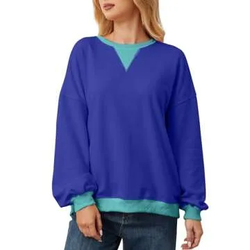 TERIVEEK Women Oversized Color Block Long Sleeve Sweatshirt Casual Crew Neck Shirt Loose Fit Pullover Top Y2K Clothes Blue