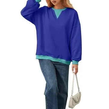 TERIVEEK Women Oversized Color Block Long Sleeve Sweatshirt Casual Crew Neck Shirt Loose Fit Pullover Top Y2K Clothes Blue