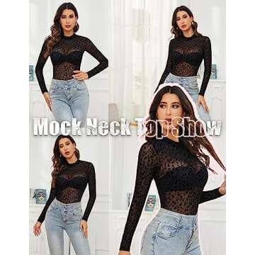 GAMISS Womens Mesh Top Sheer Sexy Long Sleeve Mock Neck Shirt Mesh Party Tops Black Leopard XL