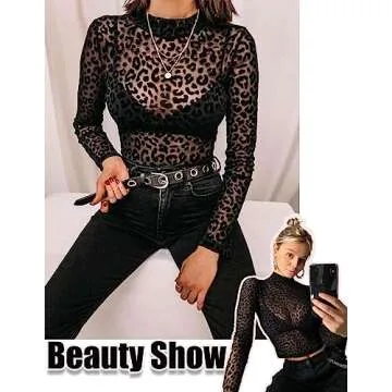 GAMISS Womens Elegant Mesh Top Long Sleeve Mock Neck