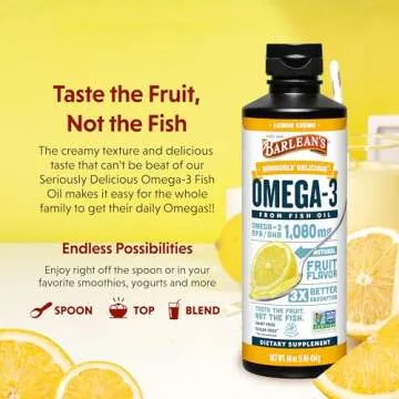 Barlean's Omega 3 Fish Oil Liquid Supplement, Lemon Crème, 1080mg of Omega 3 EPA and DHA Fatty Acid, 16 oz