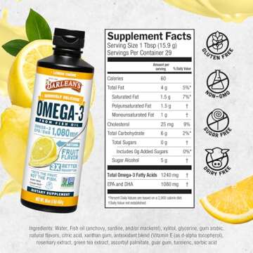 Barlean's Omega 3 Fish Oil Liquid Supplement, Lemon Crème, 1080mg of Omega 3 EPA and DHA Fatty Acid, 16 oz