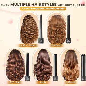 5 In 1 Curling Wand Set, Curling Iron Interchangeable Ceramic Barrels (0.35-1.25 Inch), Heating Hair...