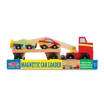 Melissa & Doug Magnetic Car Loader Wooden Toy Set With 4 Cars and 1 Semi-Trailer Truck