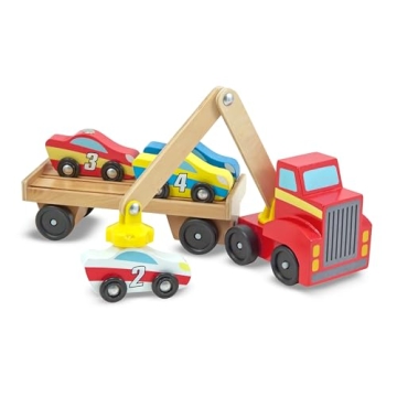 Melissa & Doug Magnetic Car Loader Wooden Toy Set With 4 Cars and 1 Semi-Trailer Truck
