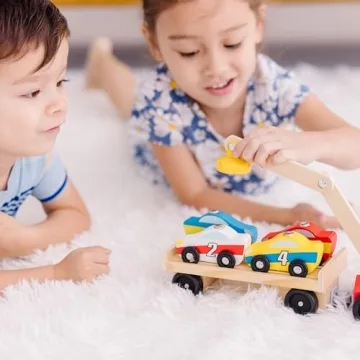 Melissa & Doug Magnetic Car Loader Wooden Toy Set With 4 Cars and 1 Semi-Trailer Truck