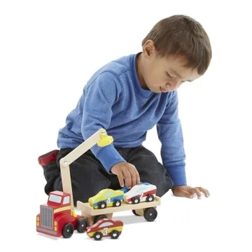 Melissa & Doug Magnetic Car Loader Wooden Toy Set With 4 Cars and 1 Semi-Trailer Truck
