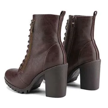 DREAM PAIRS Women's Combat Ankle Boots Chunky Heel Lace up Fashion Heeled Booties,Size 9,Brown,Silve...
