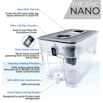 Epic Nano Countertop Water Filter Dispenser for Drinking Water. 36 Cup 150 Gallon Long Last Filter B...