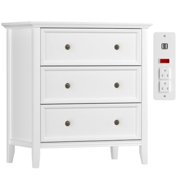 IKENO White Nightstand with 3 Drawers and Charging Station, Solid Wood Nightstand Organizer for Bedr...
