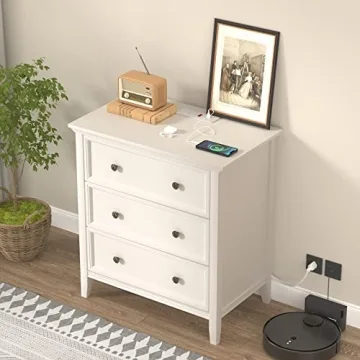 IKENO Stylish White Nightstand with Charging Station