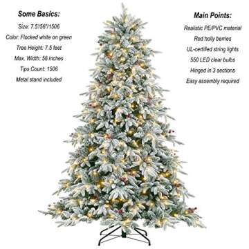 LordofXMAS Flocked Prelit Artificial Christmas Tree 7.5 feet Pine with LED Lights