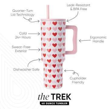 Simple Modern Valentine's Day 40 oz Tumbler with Handle and Straw Lid | Gifts for Her | Insulated Reusable Stainless Steel Water Bottle Travel Mug Cupholder Use | Trek Collection | Hearts on White