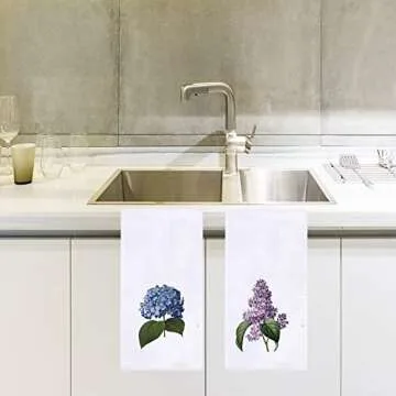 Watercolor Hydrangea Purple Lilacs Kitchen Dish Towel 18 x 28 Inch, Seasonal Spring Summer Flower Towels Dish Cloth for Cooking Baking Set of 2