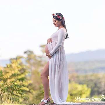 Mommy Jennie Maternity Dress Off Shoulder Long Sleeve Split Front Chiffon Gown for Photoshoot,White
