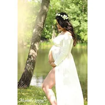 Mommy Jennie Maternity Dress Off Shoulder Long Sleeve Split Front Chiffon Gown for Photoshoot,White