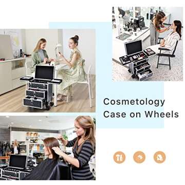 FRENESSA Professional Rolling Makeup Case Aluminum Trolley Train Case with 360° Swivel Wheels for M...