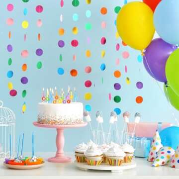 RUBFAC 5pcs Colorful Paper Garland Circle Dots Party Hanging Rainbow Decorations for Birthday Wedding Baby Shower Classroom Candyland Streamers Party Supplies (66ft)