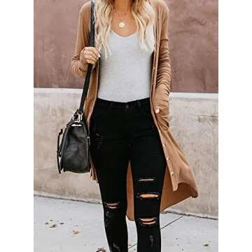 Naggoo Womens Button Down Long Sleeve Open Front Long Cardigans Fall Thin Cardigan with Pocket Khaki...