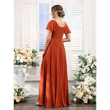 deamify V-Neck Blush Pink Short Sleeve Bridesmaid Dresses for Women Ruched Chiffon Long High Slit Fl...