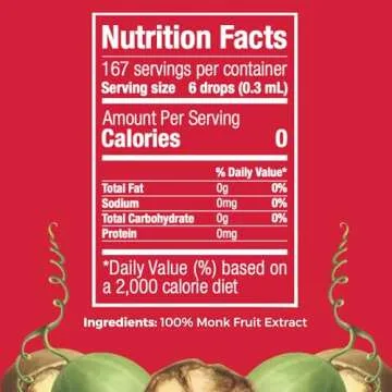100% Pure Monk Fruit Extract (6 Drops = 1 Tsp of Sugar) Zero Calories, Non-GMO, No Fillers - Liquid Monk Fruit Sweetener No Erythritol by Transparency Foods (1.7oz, 167 servings)