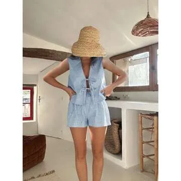 Women Casual Summer Lounge Set Y2k 2 Piece Outfits Set Sleeveless Tie Front Tank Top Vest Boxer Shor...