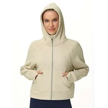 THE GYM PEOPLE Women's Full-Zip Up Hoodies Jacket Fleece Workout Crop Tops Sweatshirts with Pockets Thumb Hole Apricot