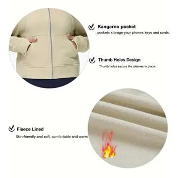 THE GYM PEOPLE Women's Full-Zip Up Hoodies Jacket Fleece Workout Crop Tops Sweatshirts with Pockets Thumb Hole Apricot