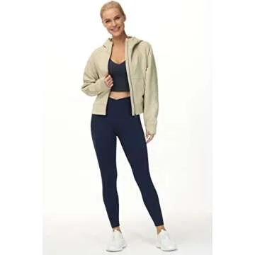 THE GYM PEOPLE Women's Full-Zip Up Hoodies Jacket Fleece Workout Crop Tops Sweatshirts with Pockets Thumb Hole Apricot