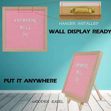 Light Pink Felt Letter Board 10x10 Inches with Letter Organizer + 466 White Pre-cut Letters (3/4’’, 2’’ & cursive). Changeable Letter Board with Stand Letter Case Oak Easel Message Board with Letters