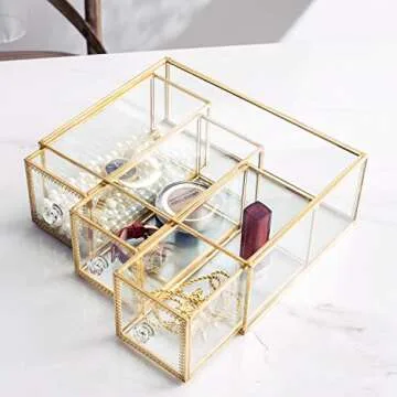 Antique Beauty Display Jewelry Case Holder Clear Glass 3 Drawers Palette Organizer, Cosmetic Storage, Makeup Container 3 Cube Holder/Beauty Dresser Vanity Cabinet Decorative Keepsake Box