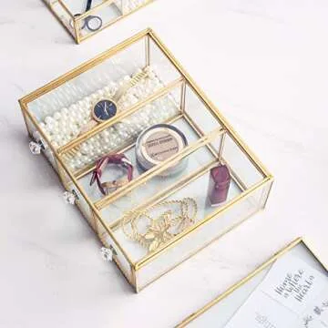 Antique Beauty Display Jewelry Case Holder Clear Glass 3 Drawers Palette Organizer, Cosmetic Storage, Makeup Container 3 Cube Holder/Beauty Dresser Vanity Cabinet Decorative Keepsake Box