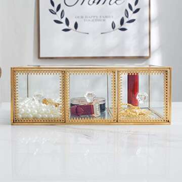 Antique Beauty Display Jewelry Case Holder Clear Glass 3 Drawers Palette Organizer, Cosmetic Storage, Makeup Container 3 Cube Holder/Beauty Dresser Vanity Cabinet Decorative Keepsake Box