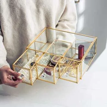 Antique Beauty Display Jewelry Case Holder Clear Glass 3 Drawers Palette Organizer, Cosmetic Storage, Makeup Container 3 Cube Holder/Beauty Dresser Vanity Cabinet Decorative Keepsake Box