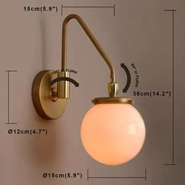 Pathson Vintage Industrial Wall Light, Adjustable Swing Arm Bedside Lamp Wall Sconce Lighting E26 Base, 4.7" Base Wall Lamp Fixture with White Lampshade for Bathroom Bedroom Living Room (Antique)