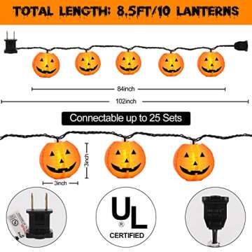 Halloween Decorations Lights Halloween Pumpkin Lantern String Lights, 10 Pack Jack O Lanterns Pumpkin String Lights Plug in, 8.5FT Mini Pumpkin Lights Connectable Indoor/Outdoor Halloween Decorations