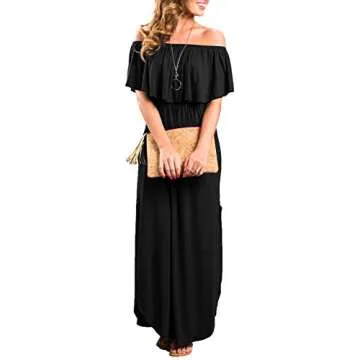 Womens Off The Shoulder Ruffle Party Dress Side Split Beach Long Maxi Dresses Black L