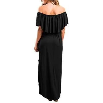 Womens Off The Shoulder Ruffle Party Dress Side Split Beach Long Maxi Dresses Black L