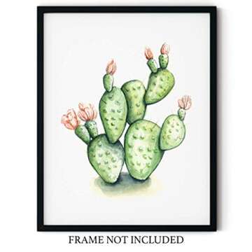 Green and Pink Flowering Prickly Pear Cactus Watercolor Wall Art 11x14 UNFRAMED Print - Makes a Grea...