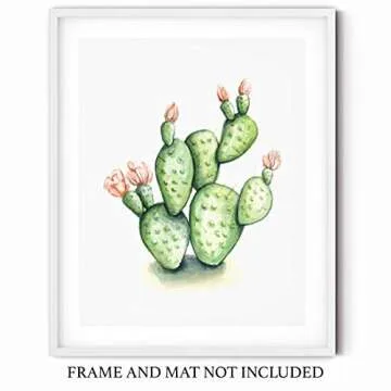 Green and Pink Flowering Prickly Pear Cactus Watercolor Wall Art 11x14 UNFRAMED Print - Makes a Great Gift under $15 for Desert Botanical Plant Lovers