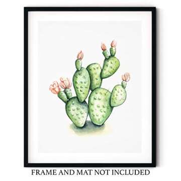 Green and Pink Flowering Prickly Pear Cactus Watercolor Wall Art 11x14 UNFRAMED Print - Makes a Great Gift under $15 for Desert Botanical Plant Lovers