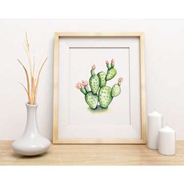 Green and Pink Flowering Prickly Pear Cactus Watercolor Wall Art 11x14 UNFRAMED Print - Makes a Great Gift under $15 for Desert Botanical Plant Lovers