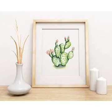 Green and Pink Flowering Prickly Pear Cactus Watercolor Wall Art 11x14 UNFRAMED Print - Makes a Great Gift under $15 for Desert Botanical Plant Lovers