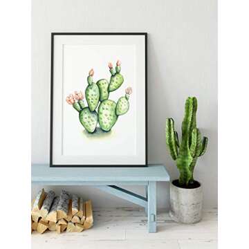 Green and Pink Flowering Prickly Pear Cactus Watercolor Wall Art 11x14 UNFRAMED Print - Makes a Great Gift under $15 for Desert Botanical Plant Lovers